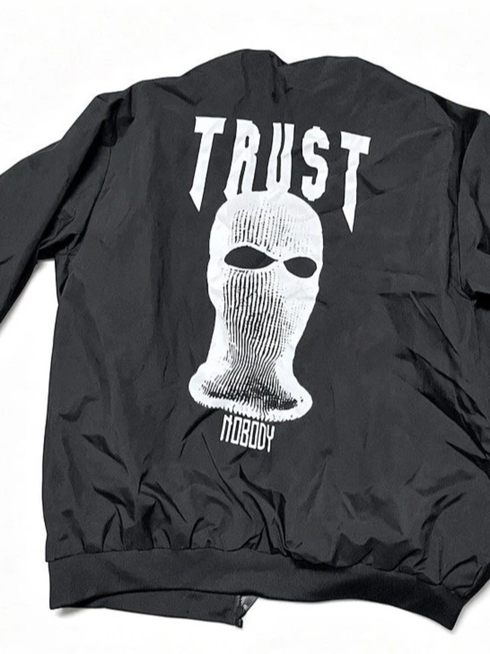 Streetwear Grail Mens XL Black Ski Mask Trust Nobody Graphic Bomber Jacket